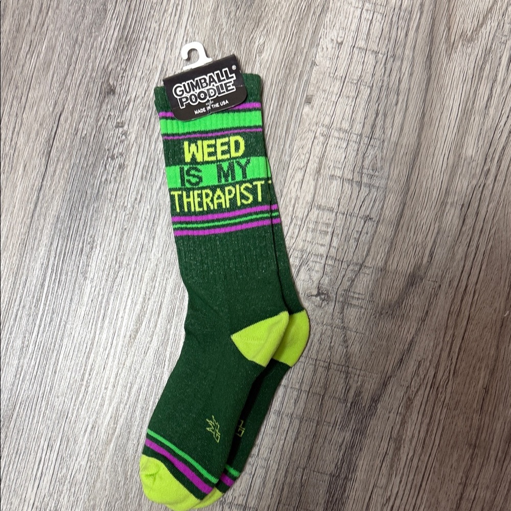 Green and Pink 'Weed Is My Therapist' Socks
